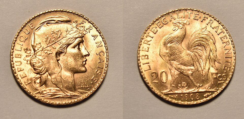 France 20 Francs 1908 Rooster — Gold